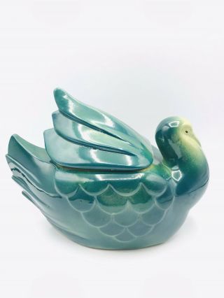 Vtg Fapco Pottery Green Bird Dove Turkey Cookie Jar Container Green Usa 9 "