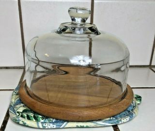 Goodwood Mid Century Modern Round Teak Wood Cheese Board Thick Glass Dome 7 "