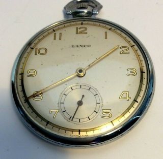Antique Chrome Fob Watch Lanco 1930s 2nd Hand 15 Jewel Swiss With Case