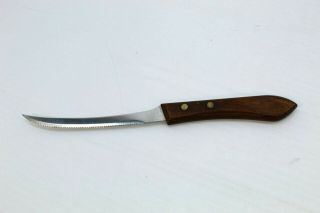 Vintage Ekco Wood Handle Stainless Knife Narrow Curved Serrated 4 " Blade Usa