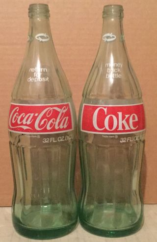 Vintage Coca - Cola Coke 32 Oz Glass Bottles - No Bottle Caps 1973