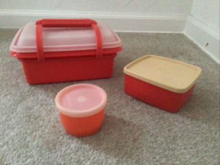 Vintage Tupperware Red Pak N Carry Lunch Box w/ Accessories 1254 L@@k 2