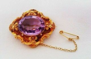 Ornate 18ct Gold & Large Amethyst Victorian Brooch C1884 10.  68 Grams
