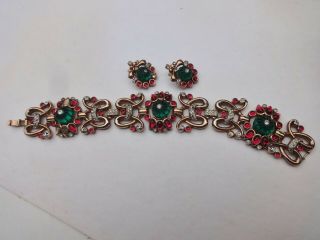 Vintage Crown Trifari Pat.  Pend.  Red Green Jelly Belly Bracelet & Clip Earrings