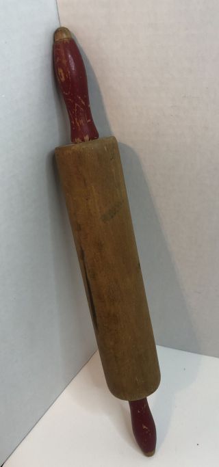 Mid Century 1950’s Wood Rolling Pin Retro Red Handles Vintage Primitive 17.  75”