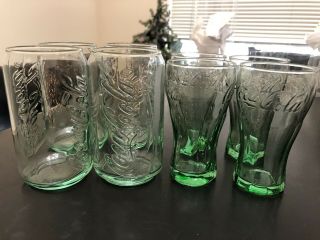 Set Of 4 12oz Coca Cola Can Shaped Coke & 4 Small Coke Glasses Green Glass