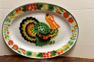 Vintage Colorful Enamelware Metal Thanksgiving Turkey Platter - 17.  5 " Wide