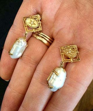 , Perfect,  Antique 14k Gold,  Large Natural Pearl & Diamond Earrings