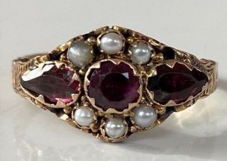 Victorian / Georgian Antique 9ct Gold Amethyst Seed Pearl Ring