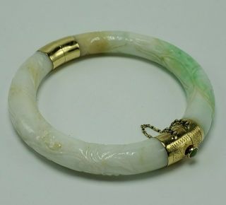 Vintage 10mm Carved Natural White/green Jade 14k Gold Bangle Bracelet 585