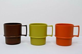 Vintage Tupperware Mugs Cups Set Of 3 Orange,  Green,  & Brown Stackable