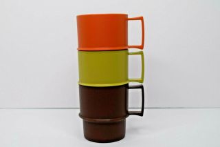 Vintage Tupperware Mugs Cups Set of 3 Orange,  Green,  & Brown Stackable 2