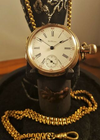 Antique Lady Waltham Pocket watch 10k GF case & Chain with Large Display Stand 3