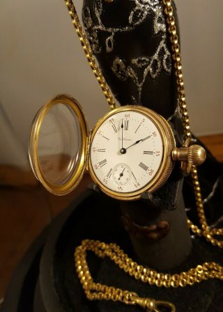 Antique Lady Waltham Pocket watch 10k GF case & Chain with Large Display Stand 4