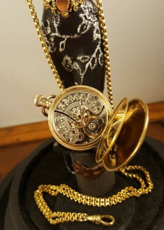 Antique Lady Waltham Pocket watch 10k GF case & Chain with Large Display Stand 6