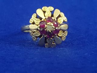 1950s - 60s 18ct Yellow Gold Pave Cluster Ring W Deep Red Natural Rubies N/7 10.  1g