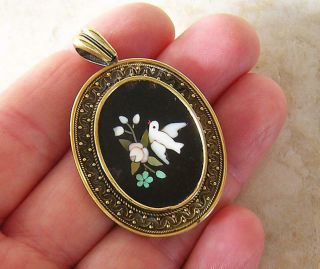 Antique Victorian Pietra Dura Mosaic Pendant With Birds & Flowers In Gold Mount