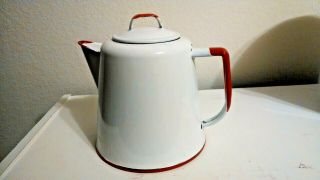 Vintage Enamel Ware White Red Coffee Pot Kettle Enamelware Pot And Lid Teapot