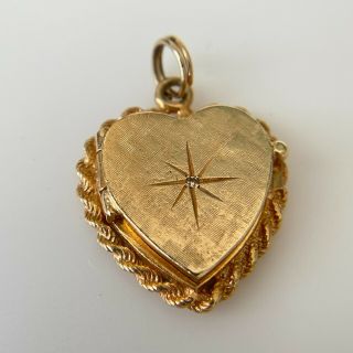 Vintage 14k Yellow Gold Etched Diamond Star Heart Locket Charm Pendant