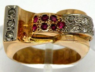 Robust 1940s Retro Deco 18k Gold With Diamond And Ruby Ring