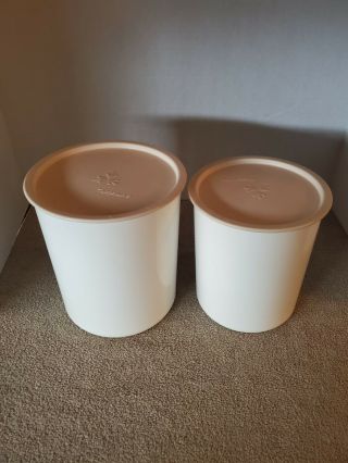 2 Tupperware One Touch White Canisters With Pink Lids 2416b & 2418b