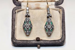 Antique Art Deco Style 14k Gold Made Natural Diamond And Emerald Earring