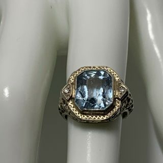 Estate Art Deco 18k White Gold Blue Topaz Diamond Floral/filigree Ring Size 4.  5
