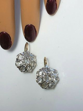 $100,  000 Look Large Antique Diamond 18k Gold Drop Shield Flower Earrings