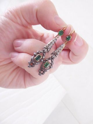 15ct Gold Emerald Rose Cut Diamond Earrings,  Rare Georgian 18th Century