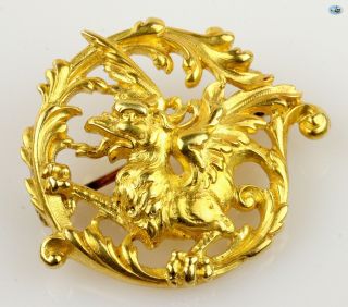 Adorable 1850 Antique French Vintage 18k Yellow Gold Griffin Dragon Brooch Pin