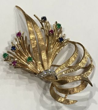 Cdl Vintage 14k Yellow Gold Brooch - Pin,  Diamonds,  Sapphires,  Rubies,  Emeralds