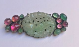 Mary Thew Arts And Crafts Movement Brooch Sterling/jade/semi - Precious Stones