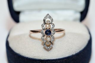 Antique Victorian 14k Gold Natural Diamond And Sapphire Decorated Navette Ring