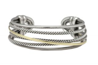 David Yurman 925 Sterling Silver 14k Yellow Gold Cable Cuff Crossover Bracelet M