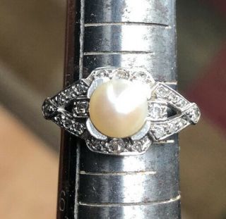 Antique Vintage Art Deco Pearl Diamond Engagement Ring Platinum Ring Size 5.  25