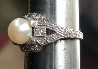 Antique Vintage Art Deco Pearl Diamond Engagement Ring Platinum Ring Size 5.  25 4