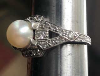 Antique Vintage Art Deco Pearl Diamond Engagement Ring Platinum Ring Size 5.  25 5