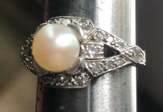 Antique Vintage Art Deco Pearl Diamond Engagement Ring Platinum Ring Size 5.  25 6