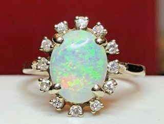 Vintage Estate 14k Gold Natural Opal Diamond Ring Engagement Halo Signed J - G
