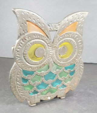 Vintage Stained Glass Metal Owl Napkin Holder,  Metal Napkin Holder,  Owl Holder