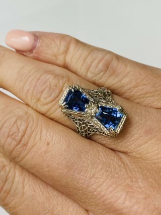 Gorgeous Vintage Art Deco 18k White Gold Filigree Blue Sapphire Ring Size 6