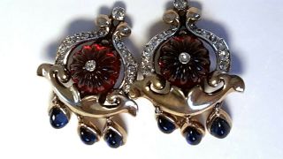 Trifari Red Jewels Of India Moghul Earrings Melon Carved Stones 1949