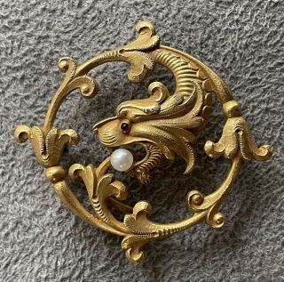 Carter & Gough Antique Art Nouveau Griffin Dragon 14k Gold Watch Pin / Brooch