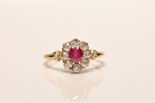 ANTIQUE VICTORIAN 14K GOLD NATURAL DIAMOND AND RUBY DECORATED RING 3