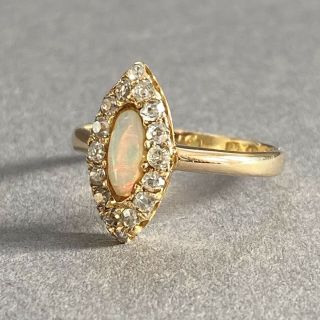 18ct Gold Antique Victorian Rose Cut Diamond Opal Cabochon Marquise Ring Size O
