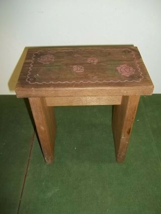 Vintage Small Wooden Step Stool Bench Embossed Roses 9 X 5.  5 X 10