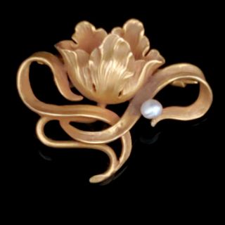 Art Nouveau Pearl 14k Yellow Gold Brooch Pin Tulip Flower Antique Estate Gift