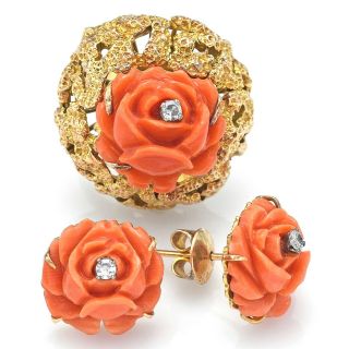 Vintage 14k Gold Red Coral & Diamond Carved Rose Flower Ring Earrings Set 13.  4 G