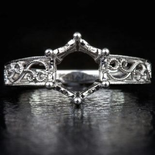Platinum Vintage Engagement Ring Setting Round Semi - Mount Edwardian Filigree 8mm