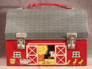 Vintage 1958 Red Barn Open Doors Metal Dome Lunch Box